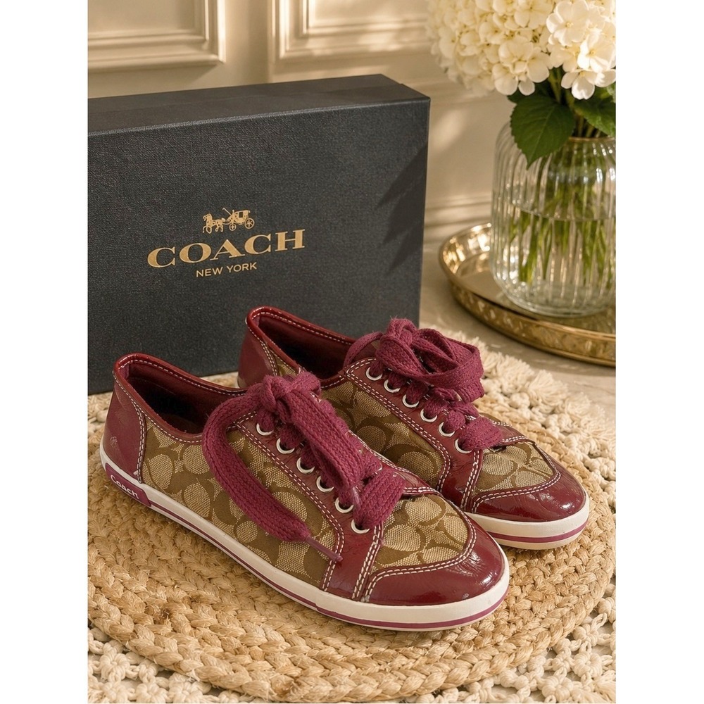 Coach Signature Canvas Burgundy Patent Leather Lace Up Sneakers Shoes 6.5‎